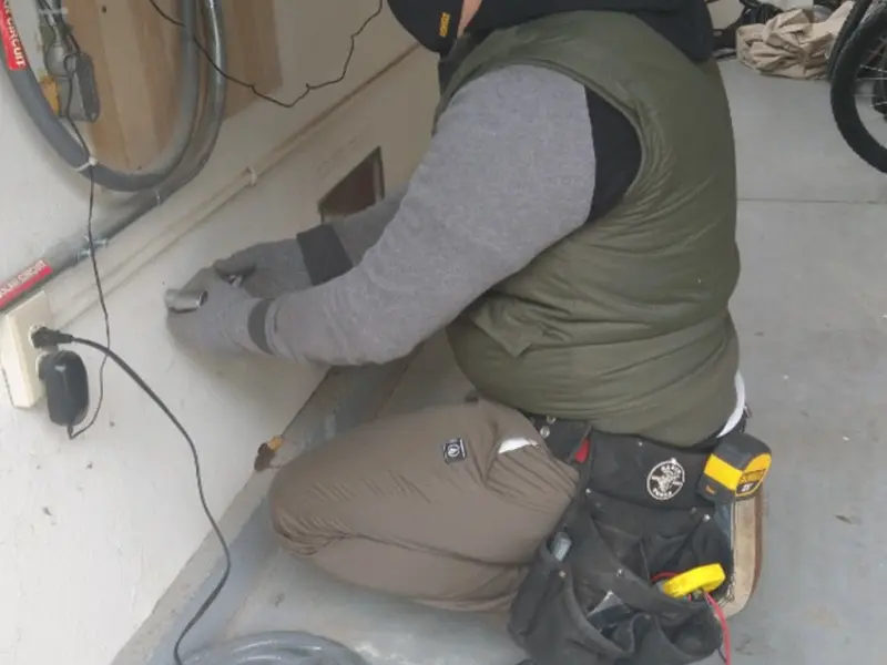 Electrician performing outlet wiring in a Parkwood garage